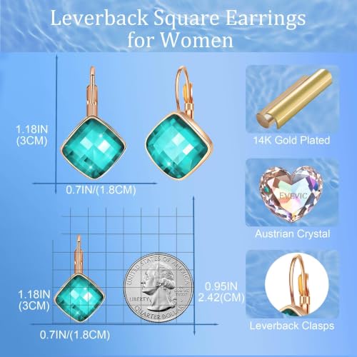 Austrian Crystal Square Leverback Drop Earrings for Women | Classic Square-Cut Crystal,14K Gold-Plated,Leverback for Easy Secure Wear,Gift Box Included,For Day and Evening Events - color: Blue-Green