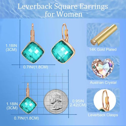 Austrian Crystal Square Leverback Drop Earrings for Women | Classic Square-Cut Crystal,14K Gold-Plated,Leverback for Easy Secure Wear,Gift Box Included,For Day and Evening Events - color: Blue-Green