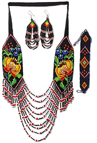 Weavish Layered Beaded Necklace – Boho Native Handmade Seed Bead Tassel Necklace, Bohemian Large Statement Beaded Necklace for Women - color: Multicolor