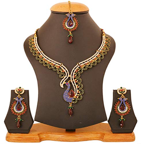 Touchstone Indian Bollywood Traditional Craftsmanship Mughal Designer Jewelry Wedding Necklace Set in Antique Gold Or White Tone for Women. - style: D411 Multicolor