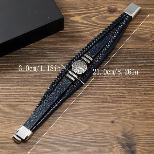 Tree of Life Leather Bracelet for Men, Multi-Layer Braided Religious Mens Cuff Bracelets with Alloy Clasp Anniversary Father's Day Birthday Christmas Jewelry Gifts for Him - color: Navy Blue