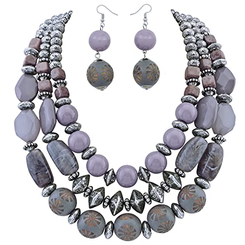 Bocar 3 Layer Chunky Statement Beaded Necklace and Earrings Set, Fashion Multi Layer Women Collar Necklace Jewelry Set - color: Lavender Gray