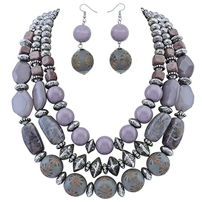 Bocar 3 Layer Chunky Statement Beaded Necklace and Earrings Set, Fashion Multi Layer Women Collar Necklace Jewelry Set - color: Lavender Gray
