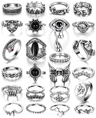17IF 26-35 Pcs Vintage Silver Knuckle Ring Set for Women Men, Gothic Rings | Grunge Chunky Aesthetic Snake Stackable Adjustable Punk Bulky Finger Alt Fairy Skull Frog Heart Star Flower Midi Ring Pack - style: 26 Pcs