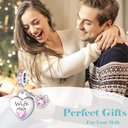 Family Charms for Charms Bracelet: 925 Sterling Silver Heart Dangle Charms for Bracelets and Necklaces, Birthday Mother's Day Christmas Jewelry Gifts For Women. - color: Wife