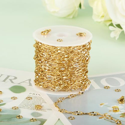 KYUNHOO 5 Meters Gold Plated Chains for Jewelry Making Sunflower Chain Link | Texture Stainless Steel Gold Jewelry Chain 8MM Long Lip Chain for Jewelry Craft DIY with Jump Rings Lobster Clasps - color: Cross Oval Gold