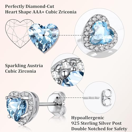 Bestyle Sparkling 925 Sterling Silver Birthstone Stud Earrings for Women, Heart/Round/Teardrop/Square Solitaire Diamond Studs Earrings, Great Birthday/Christmas Gifts - style: 03. Blue Aquamarine-Mar.-heart