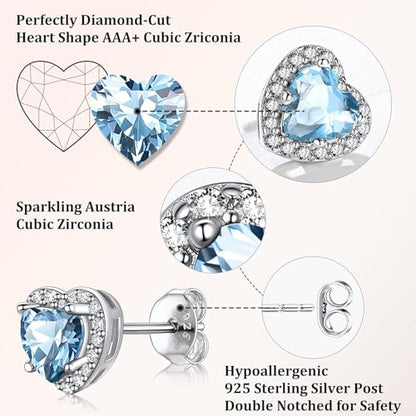 Bestyle Sparkling 925 Sterling Silver Birthstone Stud Earrings for Women, Heart/Round/Teardrop/Square Solitaire Diamond Studs Earrings, Great Birthday/Christmas Gifts - style: 03. Blue Aquamarine-Mar.-heart