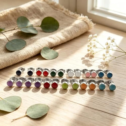 12 Pairs 18K Gold Plated Surgical Stainless Steel Stud Earring Cubic Zirconia CZ Multicolor Birthstone Stud Earrings Set - style: silver enamel 5mm