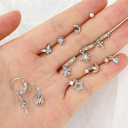 18 Pcs Dangle Nose Ring L Shaped Dangling Nose Stud Nose Ring Hoop Indian Nose Piercing Jewelry with Charm - color: AB