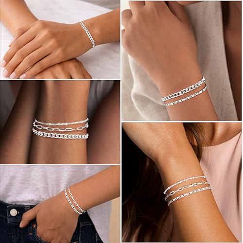Gold Bracelets Set for Women Non Tarnish Trendy,14K Gold Plated Dainty Stackable Paperclip Cuban Link Chain Bracelets, Simple Cute Cuff Bracelets Jewelry Set Adjustable 7"+2" - color: Silver