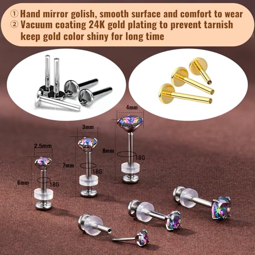 20G Flat Back Earrings Studs 18G Nose Rings 24K Gold Plating 3 Pairs Titanium Threadless 16G Cartilage Earrings for Women Men Tragus Conch Helix Medusa Lip Piercing Jewelry - color: polish VM cz, size: 18G