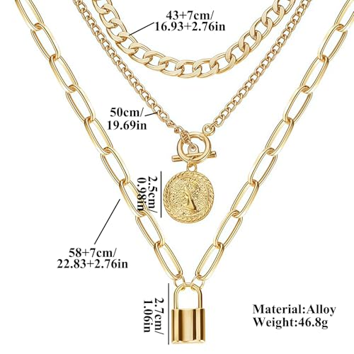 QCWN Gold Layered stacked Necklaces for women 3PS Chunky Statement Necklaces Stack Mixed Metal Charm Necklace for Women Trendy Coin Jewelry Gift for Her Gifts - style: Layered stack 8