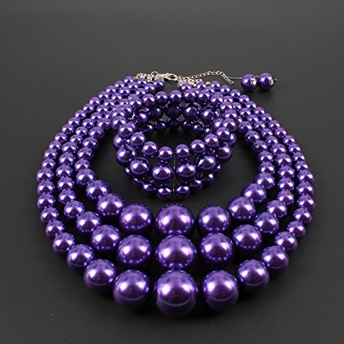 KOSMOS-LI Women's 3 Layer Simulated Pearl Statement 18" Necklace Bracelet and Earrings Jewelry Set Stocking Stuffers - color: purple