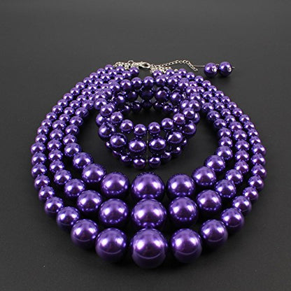KOSMOS-LI Women's 3 Layer Simulated Pearl Statement 18" Necklace Bracelet and Earrings Jewelry Set Stocking Stuffers - color: purple