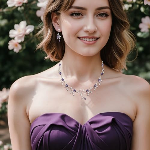 Cubic Zirconia Leaf Vine Wedding Jewelry Set for Bride Women Bridesmaid | Pear-Shaped Birthstone, Necklace Dangle Earrings for Bridesmaid, Silver-Plated-Brass - color: 3pcs_Purple