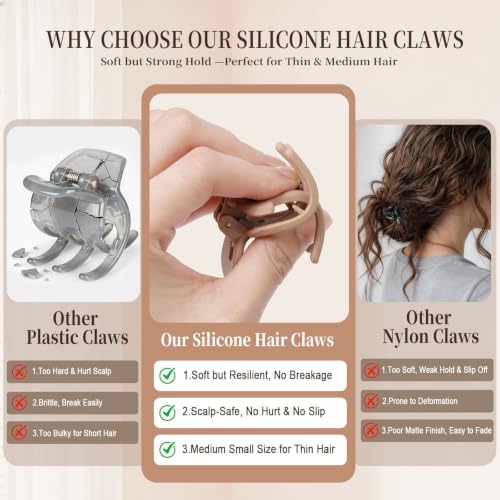 12Pcs Small Silicone Hair Clips for Women Thin Short Hair, 1.7 Inch | Flexible Claws Clips for Women, Strong Hold Comfort Claw Clip, Soft Matte Claw Clips for Half Up Styling