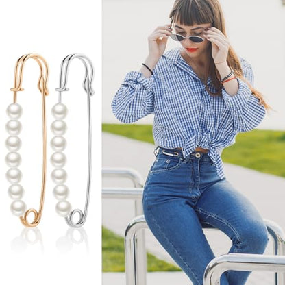 6 Pcs Faux Pearl Brooch Pins Decorative Safety Pins Pants Clips to Tighten Waist Sweater Shawl Clips Large Shawl Pins for Women Clothing Dress Pants Skirt Accessories Waist Extender Decoratine Pins