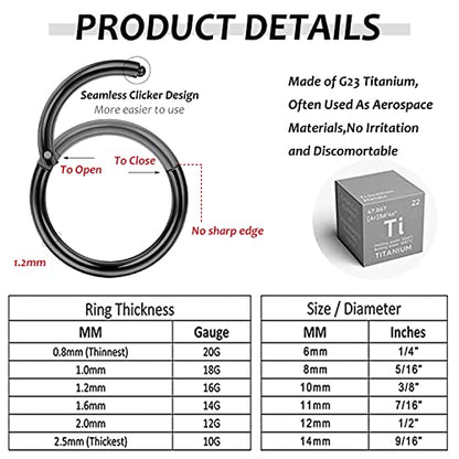 LOYALLOOK 8Pcs G23 Titanium Hinged Clicker Segment Nose Rings Hoop Septum Nose Lip Ring Hoop for Women Men Helix Cartilage Daith Tragus Sleeper Earrings Body Piercing Improved 16G - color: 16G-Black
