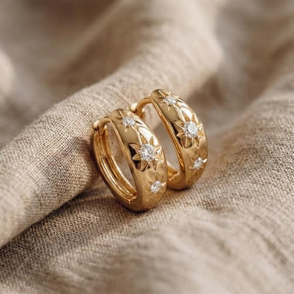 MEVECCO Chunky Huggie Hoop Earrings for Women Starburst Beaded Styles | 18K Gold Plated Brass, Triple Or Single Cubic Zirconia Star Details, Graduated Rounded Profile, Front Stone Row - style: Starburst Three