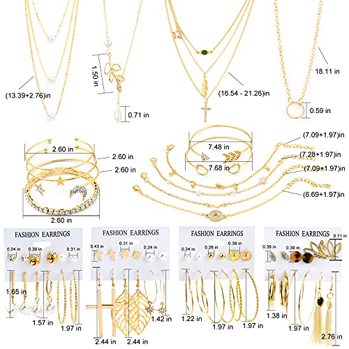 AROIC 38-52PCS Jewelry Set with Necklace Bracelet Layered Ball Dangle Hoop Stud Earrings for Women Jewelry Fashion and Valentine Birthday Party Gift