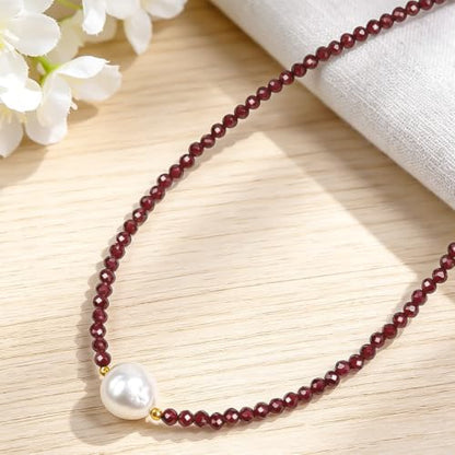 Single Pearl Choker Pendant Necklaces for Women, Natural Gemstone Womens Black Stone Beaded Choker Necklace, Dainty Round Freshwater Pearl Handmade Jewelry Gift Women Birthday Bridesmaids Anniversary 16 18 inch - color: 05-Red Garnet, size: 18"