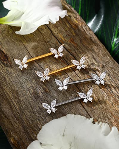 Butterfly Nipple Rings for Women 14G Nipple Piercing Jewelry Gold Nipple Ring Surgical Steel Nipple Shield CZ Nipple Barbell Body Piercing Jewelry for Women - color: Silver