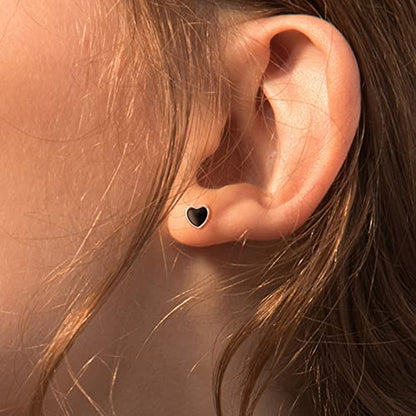 JSGEMSLEE Hypoallergenic 925 Sterling Silver Stud Earrings for Women With Screw Back Small Butterfly Heart Flower Earrings for Girls Tragus Cartilage Jewelry Gifts - color: Black Heart