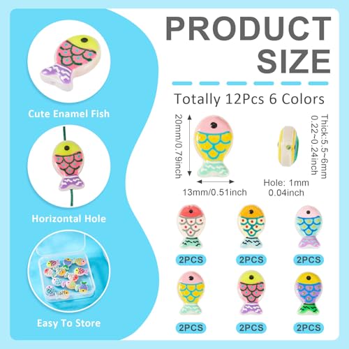 Cheriswelry 12Pcs Fish Lampwork Glass Beads Cute Fish Print Loose Spacer Beads Ocean Animal Bead 20x13mm for DIY Bracelet Necklace Earring Jewelry Making - color: 6 Color
