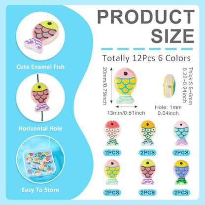 Cheriswelry 12Pcs Fish Lampwork Glass Beads Cute Fish Print Loose Spacer Beads Ocean Animal Bead 20x13mm for DIY Bracelet Necklace Earring Jewelry Making - color: 6 Color