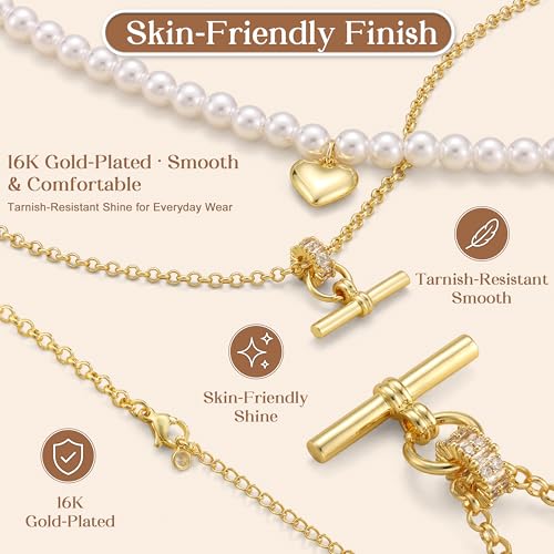 T-Bar Pearl Necklace Stack, Long Layered Necklaces Women, 16K Gold Plated | Heart Pendant Necklace with Dainty Pearl Chain, Non Tarnish Statement Jewelry Set for Trendy Everyday Accessories