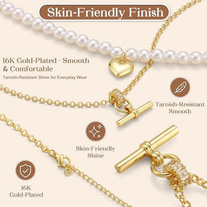 T-Bar Pearl Necklace Stack, Long Layered Necklaces Women, 16K Gold Plated | Heart Pendant Necklace with Dainty Pearl Chain, Non Tarnish Statement Jewelry Set for Trendy Everyday Accessories