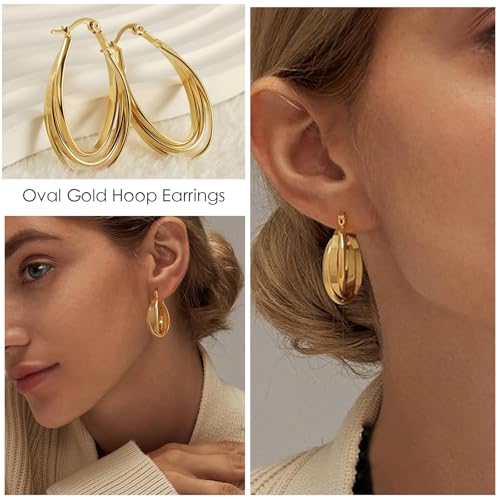 2 Pairs Gold/Silver Hoop Earrings For Women Set Trendy,14K Plated Gold Chunky Huggie Hoop Earings Pack,Oval Twisted Statement Silver Hoops,Fashion Jewelry Gift - color: 8) twist oval hoop