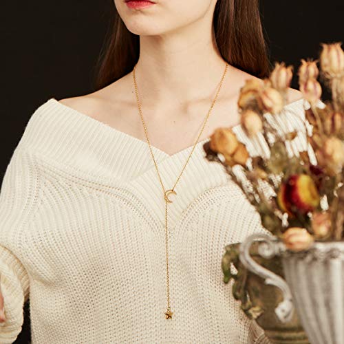 FOCALOOK Heart Lariat Necklaces for Women, Long Slip Chain Necklace | Hypoallergenic 316L Stainless Steel Silver/Black/Gold Plated, Front Slider Closure, Non Tarnish, Layered look, Everyday Wear - color: 17:Gold Star Moon