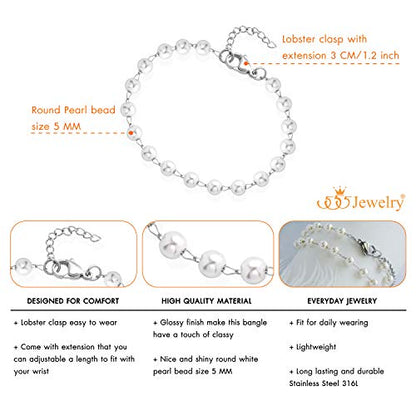 555Jewelry Extendable Pearls Beaded Charm Bracelet for Women & Ladies 7.5 Inch - color: Silver