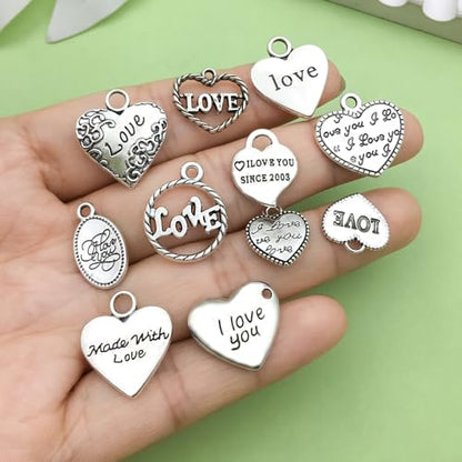 Sailanzi 100pcs Alloy Silver Love Series Pendant Jewelry Making DIY Keychain Earrings Pendant Various Design Charms for Jewelry Making Bracelets Necklace (SN299) - color: SN299