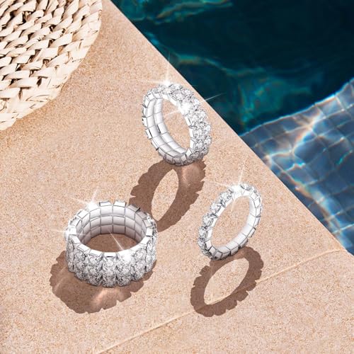 Kucheed 3PCS Rhinestone Stretch Ring, Fashion Crystal Stackable Finger Rings Set, Cute Toe Ring Body Jewelry, Silver Diamond Elastic Band Ring Accessories, Sparkly Thumb Pinky Ring for Women - color: Silver