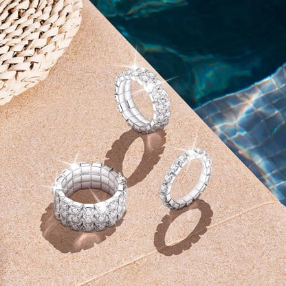 Kucheed 3PCS Rhinestone Stretch Ring, Fashion Crystal Stackable Finger Rings Set, Cute Toe Ring Body Jewelry, Silver Diamond Elastic Band Ring Accessories, Sparkly Thumb Pinky Ring for Women - color: Silver