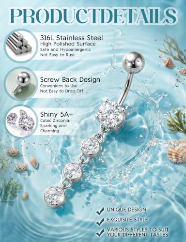 ORAZIO Gold Belly Button Ring Dangle Hypoallergenic Surgical Stainless Steel Belly Rings for Women 14G Belly Button Piercing Cute Navel Ring Belly Piercing Jewelry - color: Silver
