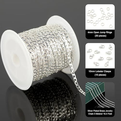 UMAOKANG 16.4 Feet Silver Cuban Chains for Jewelry Making Silver Plated Brass Necklace Chain on Spool with Jump Rings and Lobster Clasps - color: Silver Cuban