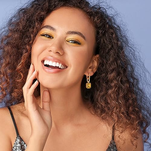 Birthstone Crystal Dangle Drop Earrings, 18K Gold Plated Huggie HoopEarring | Hypoallergenic Earring Jewelry Gifts for Women, Birthdays, anniversaries, weddings - color: Yellow-1