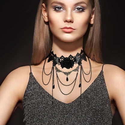 Gothic Victorian Style Vampire Choker Necklace for Women Black Crystal Tassel Lace Collar Necklace Halloween Punk Black Sexy Lace Necklace Halloween Cavewoman Costume - style: Black Roses