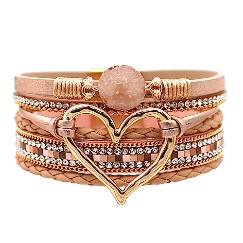 Womens Love Heart Leather Wrap Bracelet Multi-layer Stacked Bangle | Magnetic Clasp Soft PU Leather Resin Stone Rhinestone Boho Style Birthday Valentine Christmas Bohemian Jewelry Gift - color: Rose-gold