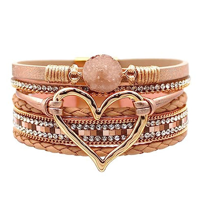 Womens Love Heart Leather Wrap Bracelet Multi-layer Stacked Bangle | Magnetic Clasp Soft PU Leather Resin Stone Rhinestone Boho Style Birthday Valentine Christmas Bohemian Jewelry Gift - color: Rose-gold