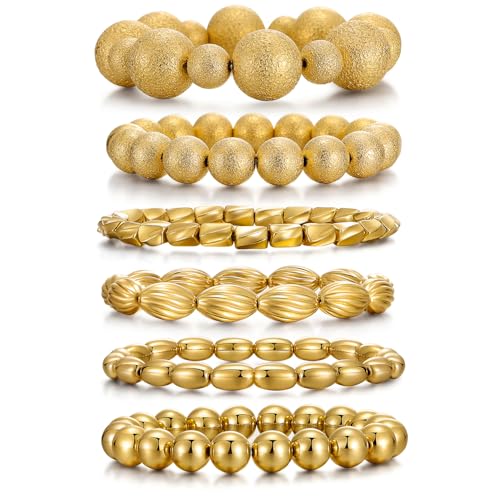 KISS WIFE Gold Beaded Bracelets for Women, Stackable Stretch Bracelet Set | 13 stretch bracelets combine polished gold-tone beads and faux pearls for stacked or individual everyday styling. - color: Gold Matte