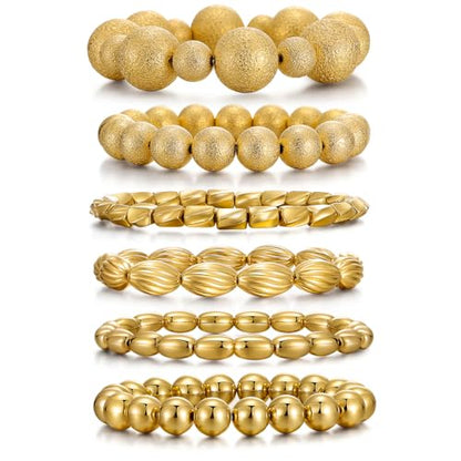 KISS WIFE Gold Beaded Bracelets for Women, Stackable Stretch Bracelet Set | 13 stretch bracelets combine polished gold-tone beads and faux pearls for stacked or individual everyday styling. - color: Gold Matte