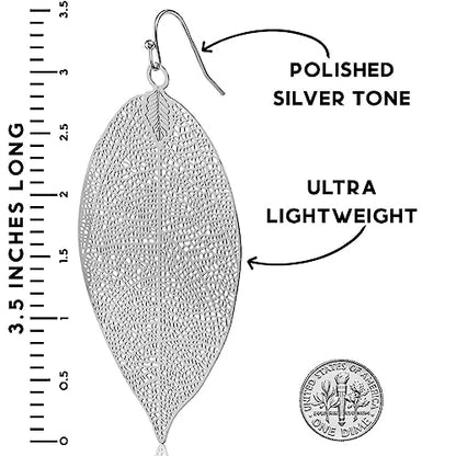 Leaf Earrings for Women - Gold or Silver Tone Filigree Dangle Earrings | Plated in Gold Tone or Silver Tone - color: 3.5" inch - Large Silver