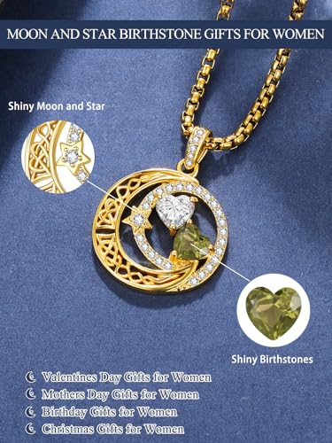 14K Gold Moon and Star Double Birthstone Necklace Gifts for Women | 2 Heart Birthstone Necklace,Mothers Day Wedding Anniversary Birthday Gifts for Wife Mom Daughter Grandma Sister - color: 04-08-Apr-Aug Birthstone