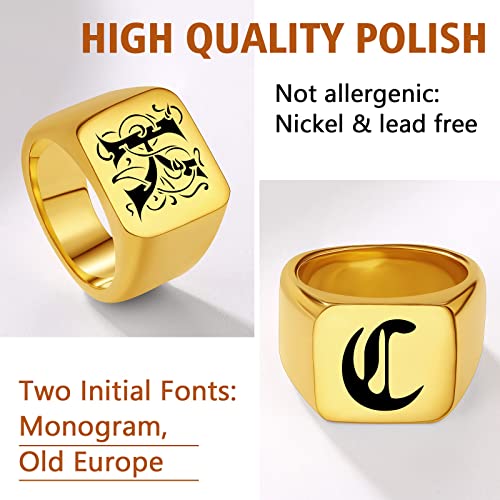 FindChic Customized Signet Photo Rings Square/Heart/Round Chunky Band Ring Stainless Steel/18K Gold Plated/Black Size 7 to 14 Personalized Jewelry for Men Women, Send Gift Box - color: 01. personalized monogram square (gold)