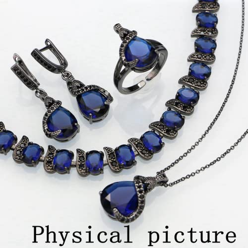 GZWHD Jewelry Set for Women Water Drop Cubic Zirconia Artificial Crystal Earrings Pendant Necklace Open Ring Tennis Bracelet Wedding Anniversary Birthday Engagement Gift for Bridesmaid Wife Girlfriend Friend - color: Black Gun-Blue